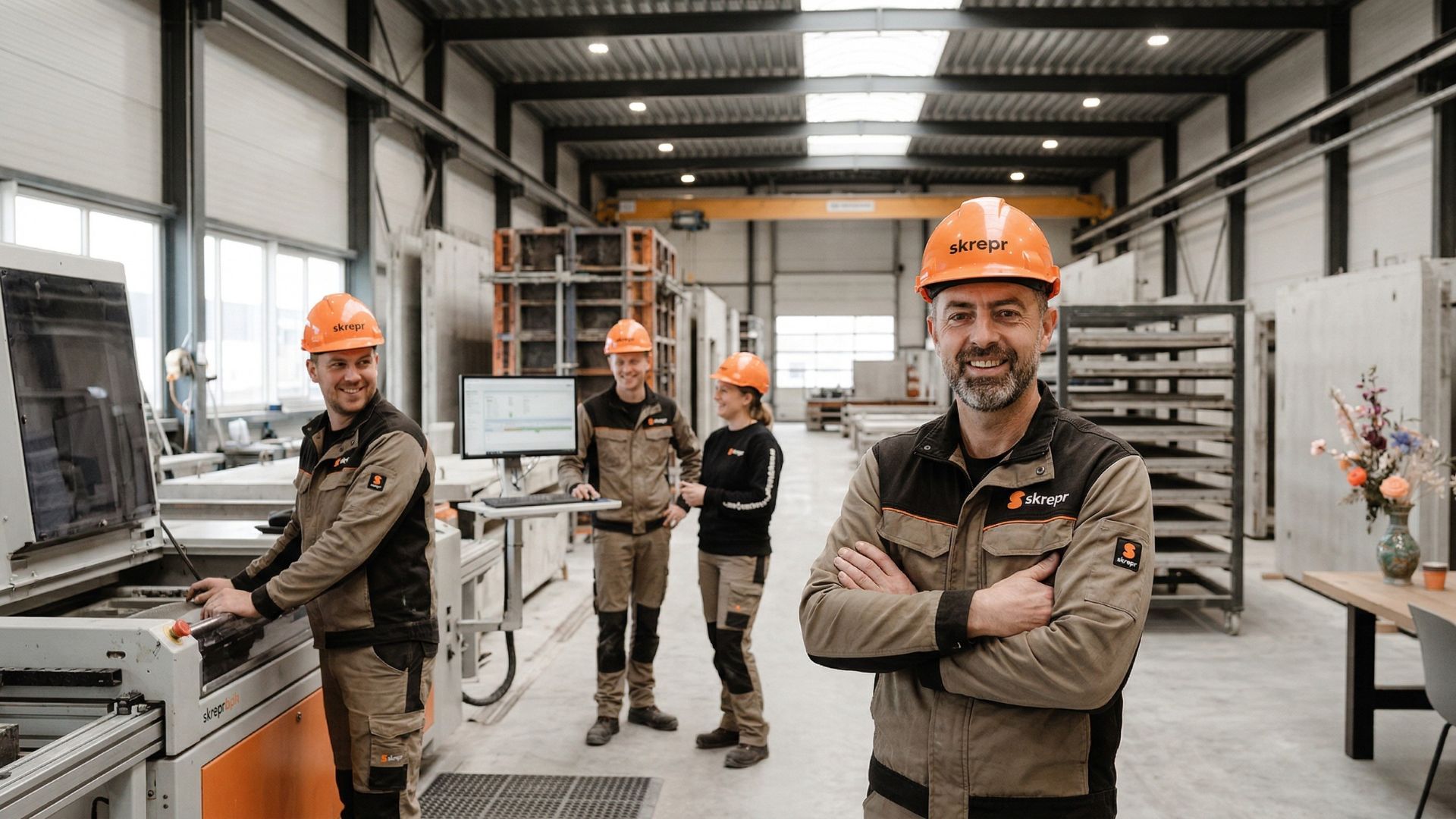 Overzicht van prefabbouw-fabriek met lange gietbanen en bekisting in perspectief